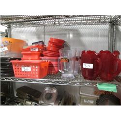 Shelf Lot of Various Pitchers, Baskets, Menu Covers, Trays Etc