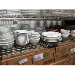 Shelf Lot of French Onion Bowls, Various Plates, and Bowls
