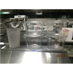 Shelf Lot of Containers/Measure Pots/ and Strainers