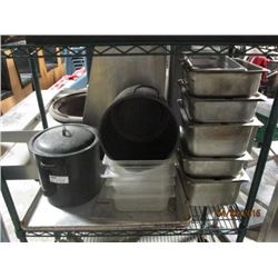 Shelf Lot of Various Pots and S/S Inserts