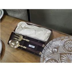 VINTAGE SERVING SET - SPOON AND FORK - BRASS AND WOOD IN ORIGINAL BOX