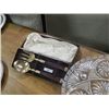 Image 1 : VINTAGE SERVING SET - SPOON AND FORK - BRASS AND WOOD IN ORIGINAL BOX