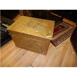 VINTAGE EMBOSSED BRASS & WOOD FIRE BOX