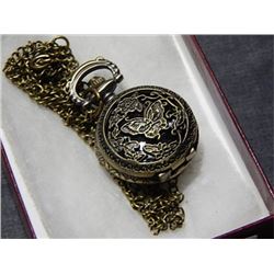 LADIES MINI POCKET WATCH - WITH CHAIN - BUTTERFLY DESIGN - WORKING