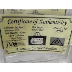 AMERICAAN CERTIFIED  BULLION - INVESTOR BARS - .999 SILVER - 2014 CARDED IN MINT CONDITION - 1 GRAM