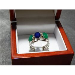 RING - NEW STERLING SILVER BLUE SAPPHIRE AND EMERALD RING