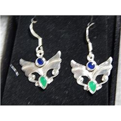 EARRINGS - NEW CUSTOM DESIGN - EMERALDS (2) & SAPPHIRES (2) - BUTTERFLY DESIGN - IN STERLING SILVER 