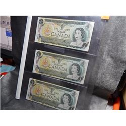 MONEY'S - UNCIRCULATED CANADIAN $1 BILLS (1973) - SEQUENTIAL SERIAL #'S - 3 X BID