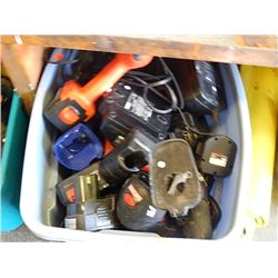 BIN OF CORDLESS DRILLS, BATTERIES AND CHARGERS