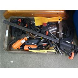 TRAY OF TOOLS, CLAMPS AND MORE