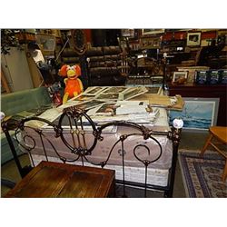 VINTAGE QUEEN BED  - HEAD BOARD AND FOOT BOARD AND ROLLER FRAME -  HEAVY METAL CONSTRUCTION  - PORCE