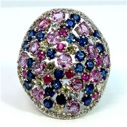 NATURAL CEYLON MIX SAPPHIRE 12.63CT / DIAMOND 0.65CT / 14K WHITE GOLD RING 16.59GRAM