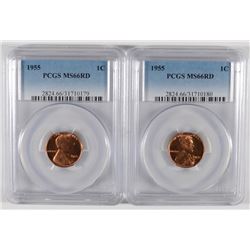 ( 2 ) 1955 LINCOLN CENTS, PCGS MS-66 RED