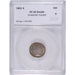 1902-S BARBER DIME, SEGS XF-40  PLANCHET ERROR