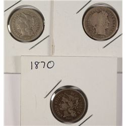 2 - 1870 THREE CENT NICKELS & 1 - 1905-S BARBER DIME