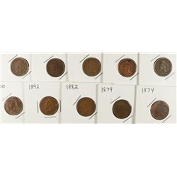 10 - INDIAN HEAD CENTS - 1874, 1879, 1882, 1892, 2- 1900, 1903, 1906, 1907, 1908