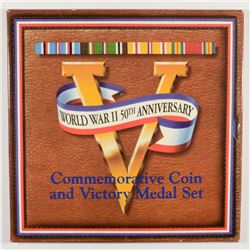 WWII (50TH ANNIVERSARY) COMMEMORATIVE COIN & VICTORY MEDAL SET