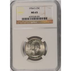 1954-S WASHINGTON QUARTER, NGC MS-65 GEM