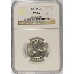 1961-D WASHINGTON QUARTER, NGC MS-65 GEM
