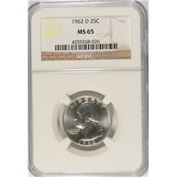 1962-D WASHINGTON QUARTER, NGC MS-65 GEM