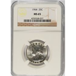 1964 WASHINGTON QUARTER, NGC MS-65 GEM
