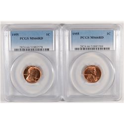 LOT OF ( 2 ) 1955 LINCOLN CENTS, PCGS MS-66 RED