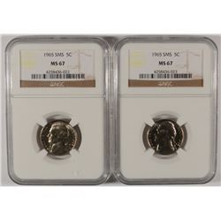 LOT OF ( 2 ) 1965 SMS JEFFERSON NICKELS, NGC MS-67