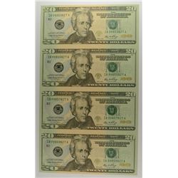 SHEET OF ( 4 ) UNCUT 2006 $20.00 NOTES IN  FOLDER WITH FACTS