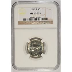 1942-S SILVER JEFFERSON NICKEL, NGC MS-65 5 FULL STEPS