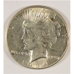 1934-D PEACE SILVER DOLLAR, AU-58+
