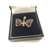 Image 1 : ONE 14KT YELLOW GOLD NATURAL WATERMELON TOURMALINE AND DIAMOND SET BUTTERFLY PENDANT. THE WINGS ARE