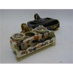 TWO INKSTANDS, c.1825, one gilt foliage on a cobalt blue ground, the other Japan pattern, possibl...