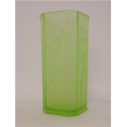 AN ART DECO GREEN GLASS SLEEVE VASE, octagonal section, moulded female forms, height 24cm  £100-1...