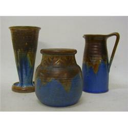 A DENBY 'ORIENT WARE' JUG, a tapered vase and baluster vase, heights 18cm 20cm and 15cm (3)  £30-...