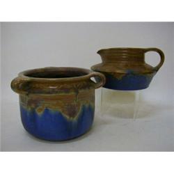 A DENBY 'ORIENT WARE' TRIPLE HANDLED PLANT POT, and a squat jug, heights 15cm and 12cm (2)  £30-4...