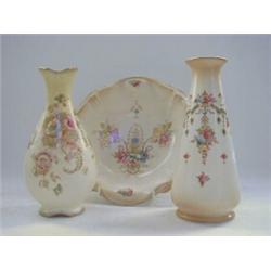A CROWN DEVON BOWL, 'Wye' pattern, diameter 27cm and two vases, 'Perth' and 'Elm' patterns, heigh...