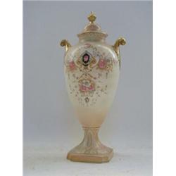 A CROWN DEVON TWIN HANDLED VASE AND COVER, 'Thames' pattern, (cover restored) height 34cm  £30-40...
