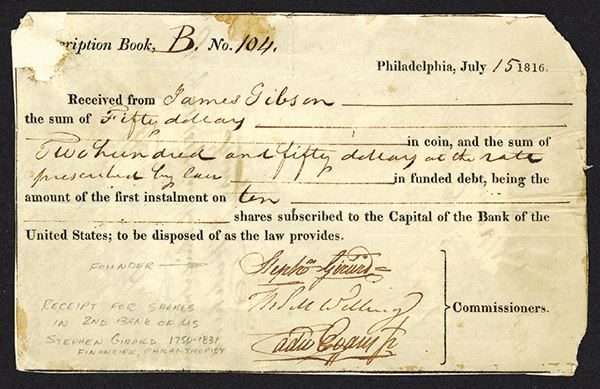 First Installments Second Bank of The United States First Installment on Shares. 1816 ...