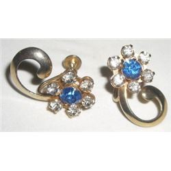 VINTAGE VERY OLD EARRINGS CLIP-ON STYLE WITH BLUE & CLEAR RHINESTONES!! EARRINGS CAME OUT OF SAFE!!