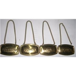 4 TOTAL VINTAGE ALCOHOL HANGING LABEL TAGS ALL WITH CHAINS INCLUDING AND STAMPED *MADE IN ENGLAND-GI