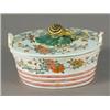 Image 1 : An early 18th century Dutch Delft oval butter tub and cover, painted in the Kakiemon style, th...