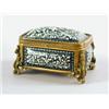 Image 1 : A Limoges style jewellery casket, with enamelled decoration, on a black ground, mounted in bro...