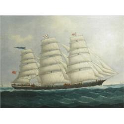 19th Century, English School A THREE MASTED SHIP, IN FULL SAIL unsigned, oil on canvas, rel...