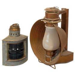 Lanterns (2), Tallin Mfg Co.-St. Louis No. 20, patd 1888, brass & triangular-shaped tin lantern w/re