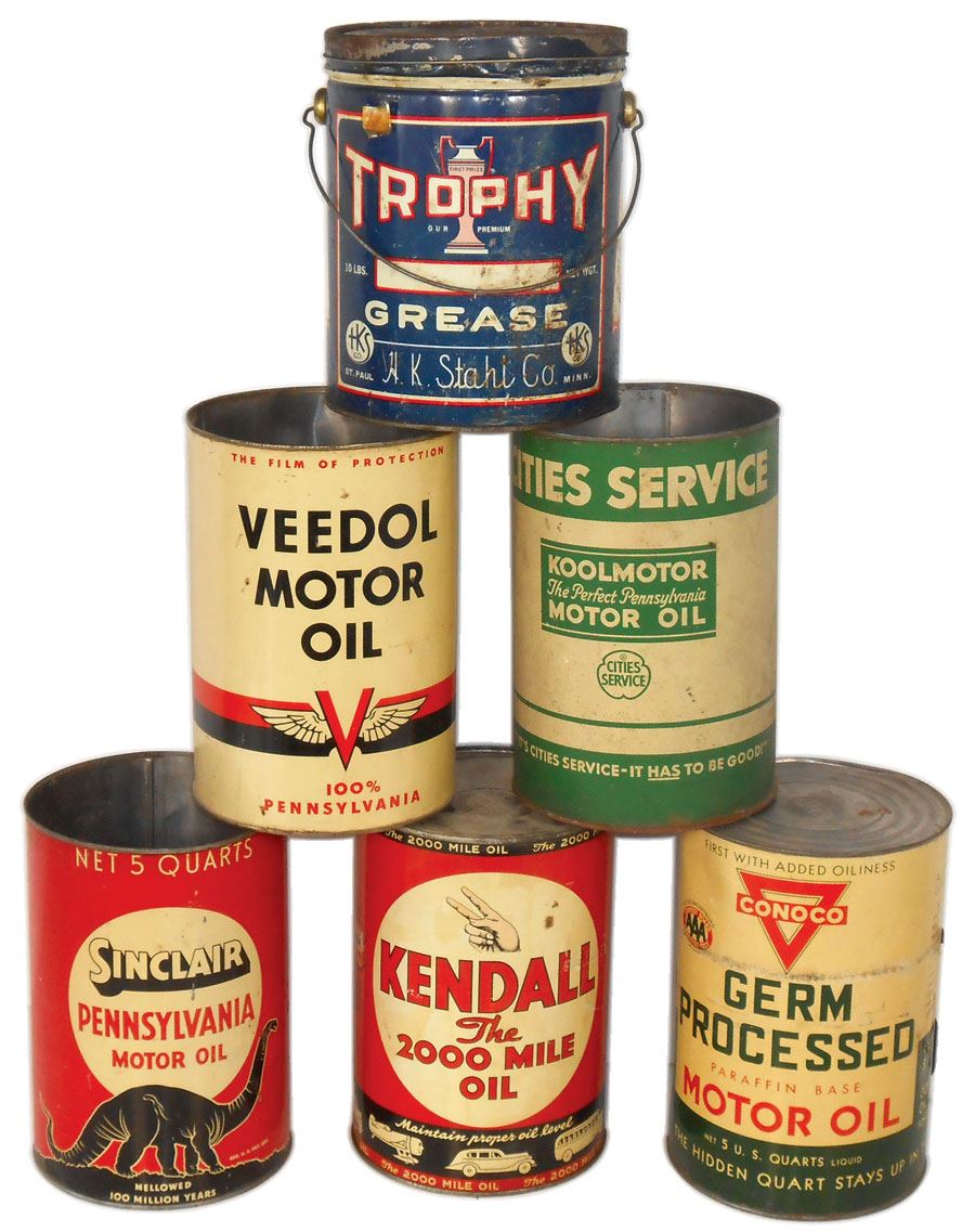 Petroliana motor oil & grease cans (6), Sinclair Pennsylvania, Kendall ...