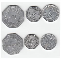 Lot of Merchant tokens.  H.A. Dietrich Twin City Bakery Berlin good for 1/2 loaf bread; Union Bus Li