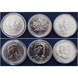 Lot of 3x Canada $5 silver maple leafs in capsules including the years 2005, 2006 and 2011. (TAX EXE