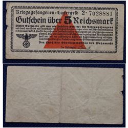 1940-1945 German POW 5 Reichsmark note. These notes were not of legal tender within Germany, but wer