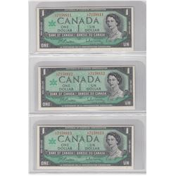 Consecutive 1967 Canada $1 notes L/O prefix with 3 notes in sequential order (unicirculated or bette