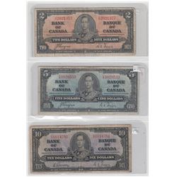 1937 Canada $2, $5 & $10 Bank of Canada Notes